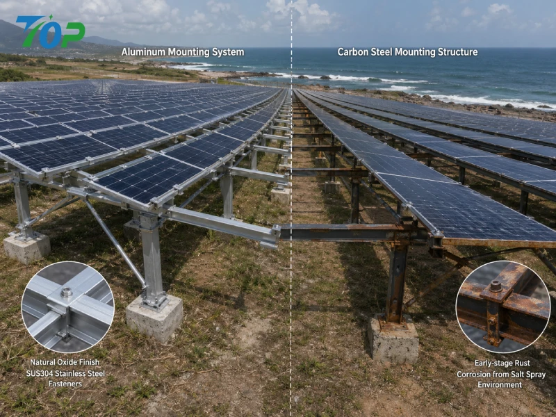 comparison of aluminum and carbon steel solar mounting systems in coastal environment showing corrosion differences