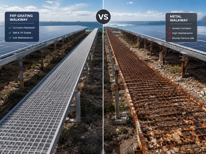 side by side comparison of FRP grating and corroded metal walkway in solar farm showing rust damage and durability difference