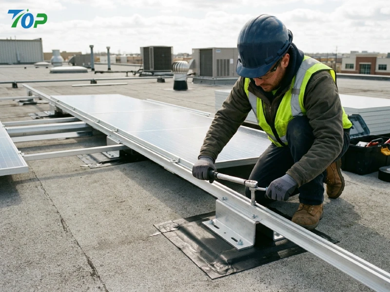 Engineer tightening solar mounting bolts with torque wrench