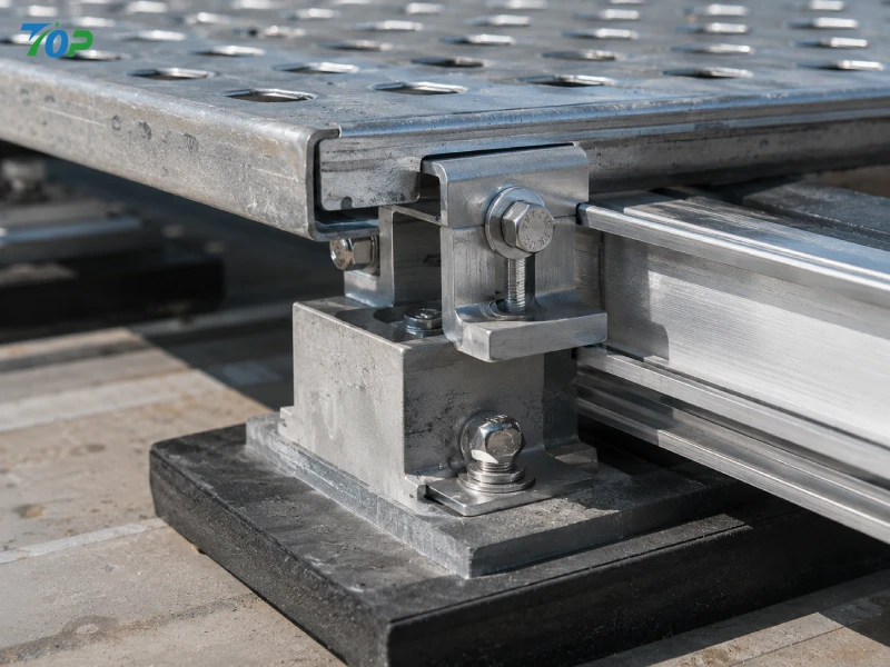 Close-up of SUS304 solar walkway mounted on aluminum PV rail system with EPDM waterproof isolation layer for industrial rooftop compliance